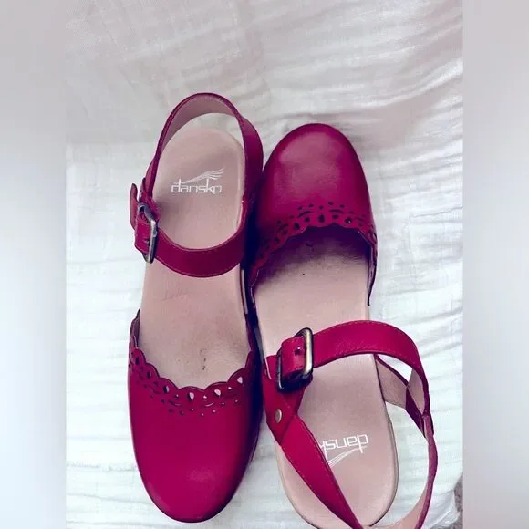 Dansko Red Leather Mules with Wooden Heel - Picture 9 of 10